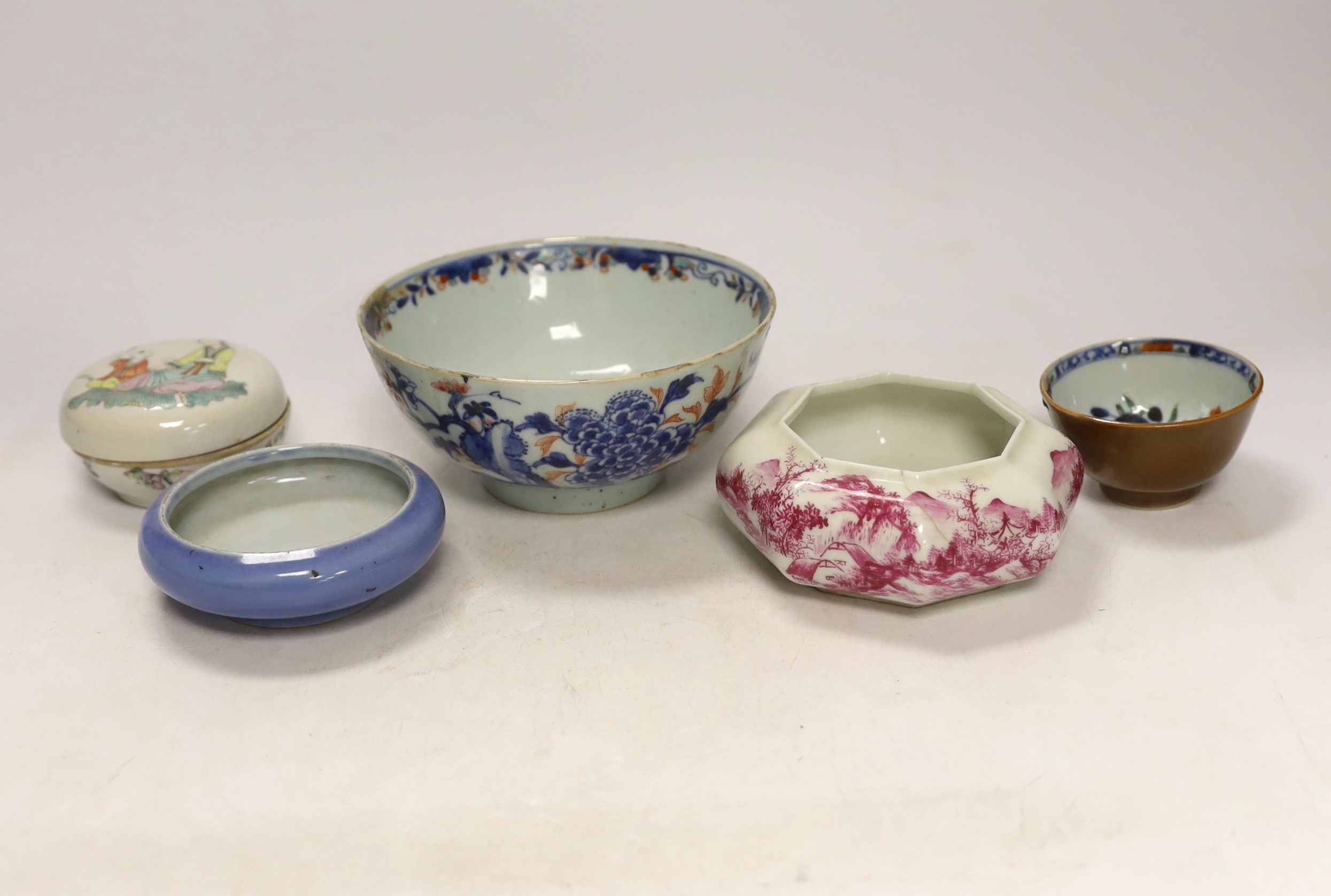 A Chinese Clare de lune glazed brushwasher, a famille rose box and cover, an octagonal puce enamelled brushwasher, an 18th century bowl and teabowl, largest 15cm in diameter (5)